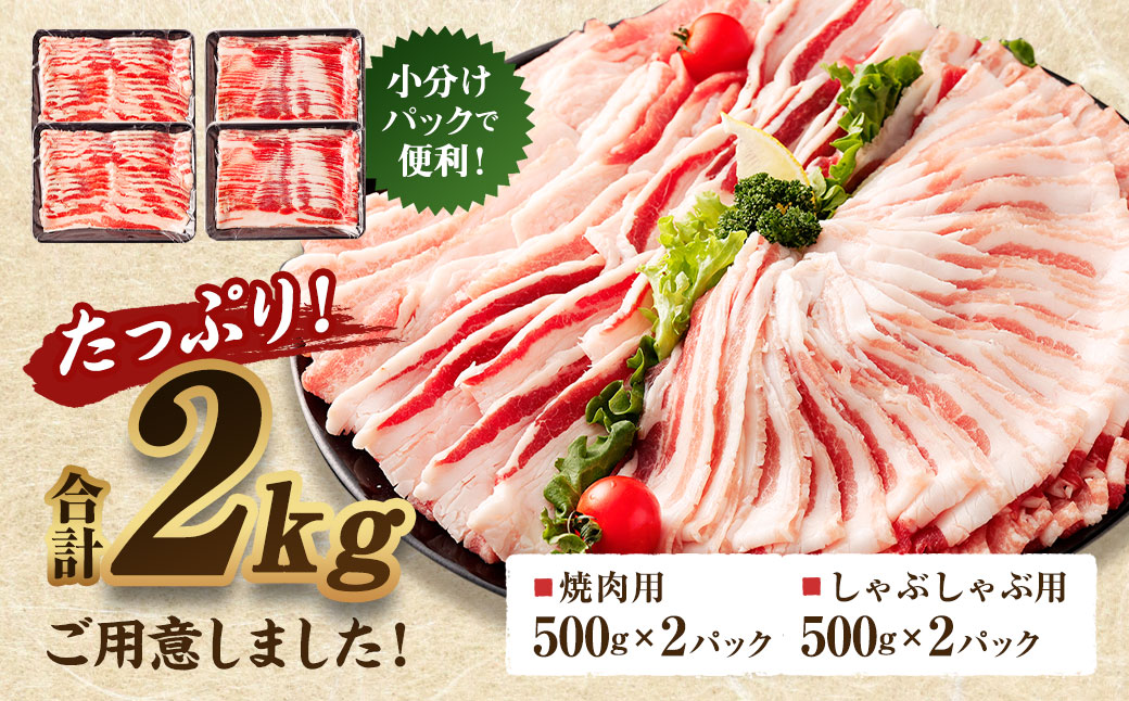 イベリコ豚 バラ焼肉・しゃぶしゃぶ セット 合計2kg（500g×4P）豚肉 小分け 豚バラ 薄切り