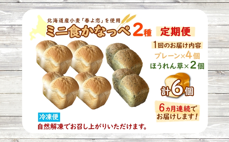 定期便 6ヵ月 北海道 ミニ食かなっぺ 2種 セット プレーン 4個 ほうれん草 2個 北海道産 小麦 春よ恋 食パン パン トースト カナッペ 手作り 自家製 焼きたて 酵母 ベーカリー 朝食 手軽 冷凍 お取り寄せ ギフト 送料無料