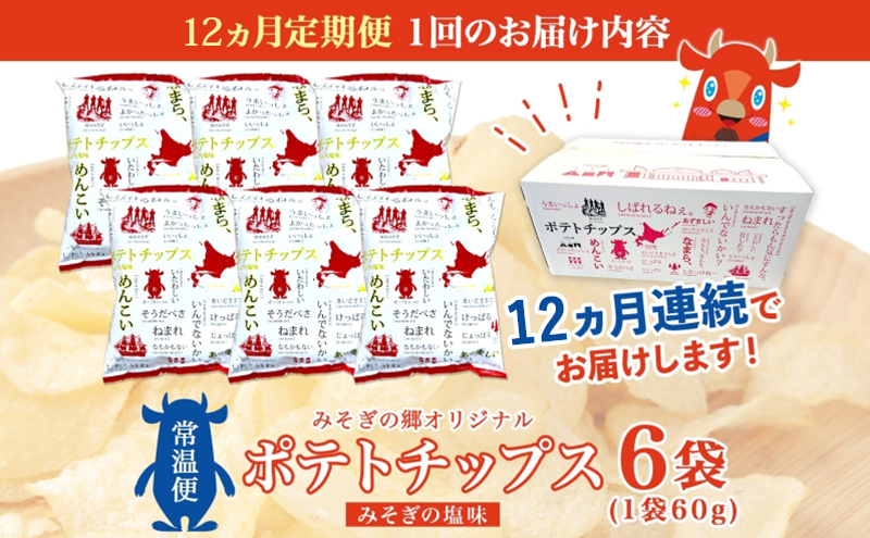 定期便 全12 回北海道 オリジナル ポテトチップス 60g 6袋 塩味 道の駅 オリジナル パッケージ ポテチ しお じゃがいも ジャガイモ お菓子 スナック おやつ おつまみ あっさり ポテトチップス みそぎの郷 ご当地 送料無料 木古内