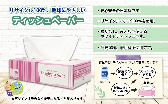 定期便 3ヶ月毎6回 ブライティア ソフト ボックスティッシュ 200組 400枚 60箱 日本製 まとめ買い 日用雑貨 消耗品 生活必需品 備蓄 リサイクル ティッシュ ペーパー BOX 倶知安町 