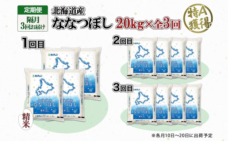 定期便 隔月3回 北海道産 ななつぼし 精米 20kg 5kg×4袋 米 新米 特A 白米 お取り寄せ ごはん 道産米 ブランド米 まとめ買い お米 ホクレン 北海道 倶知安町 【定期便・お米・ななつぼし・精米】