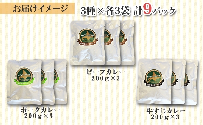 北海道 倶知安 カレー 3種 食べ比べ セット 計9個 中辛 スープカレー ビーフ ポーク 牛すじ カレー 詰め合わせ じゃがいも 牛 牛肉 豚肉 業務用 レトルトカレー 