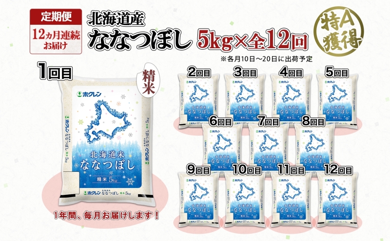 定期便 12ヵ月連続12回 北海道産 ななつぼし 精米 5kg 米 特A 白米 お取り寄せ ごはん 道産米 ブランド米 5キロ 1年間 おまとめ買い お米 ようてい農業協同組合 ホクレン 送料無料 北海道 倶知安町 12ヶ月 