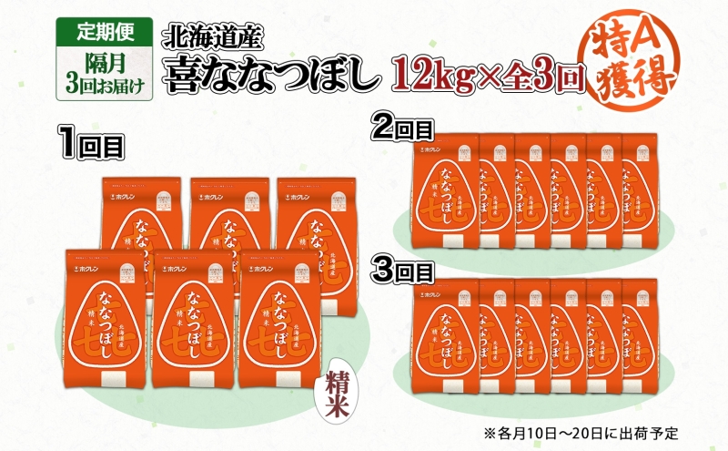 定期便 隔月3回 北海道産 喜ななつぼし 精米 2kg×6袋 計12kg 米 特A