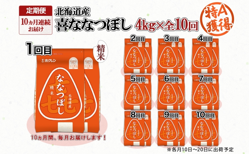 定期便 10ヵ月連続10回 北海道産 喜ななつぼし 精米 4kg 米 特A 白米 ななつぼし ごはん ブランド米 4キロ 2kg ×2袋 お米 ご飯 北海道米 国産 グルメ 備蓄 ギフト ホクレン 送料無料 北海道 倶知安町