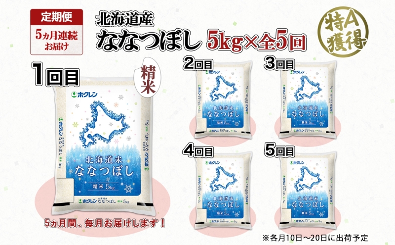 定期便 5ヵ月連続5回 北海道産 ななつぼし 精米 5kg 米 特A 白米 お取り寄せ ごはん 道産米 ブランド米 5キロ おまとめ買い お米 ふっくら ようてい農業協同組合 ホクレン 送料無料 北海道 倶知安町