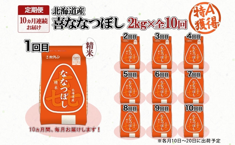 定期便 10ヵ月連続10回 北海道産 喜ななつぼし 精米 2kg 米 特A 白米 お取り寄せ ななつぼし ごはん ブランド米 2キロ お米 ご飯 北海道米 国産 グルメ 備蓄 ギフト ようてい農業協同組合 ホクレン 送料無料 北海道 倶知安町 