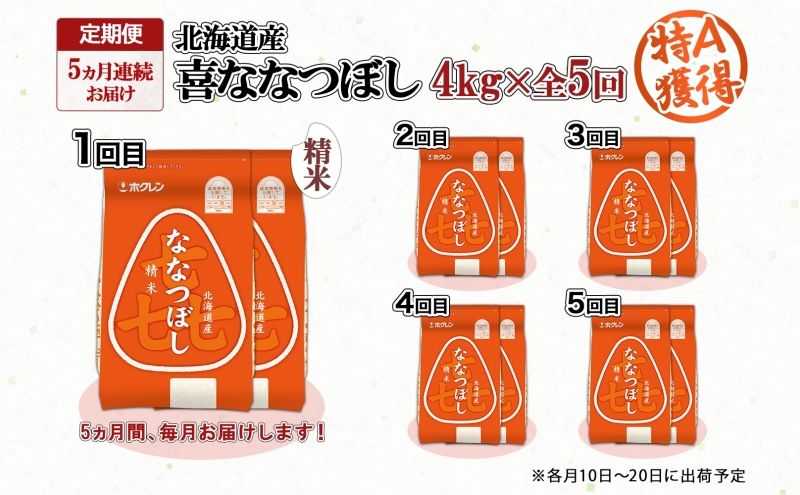 定期便 5ヵ月連続5回 北海道産 喜ななつぼし 精米 4kg 米 特A 白米 ななつぼし ごはん ブランド米 4キロ 2kg ×2袋 お米 ご飯 北海道米 国産 グルメ 備蓄 ギフト ホクレン 送料無料 北海道 倶知安町