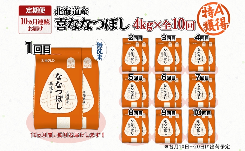 定期便 10ヵ月連続10回 北海道産 喜ななつぼし 無洗米 4kg 米 特A 白米 ななつぼし ごはん ブランド米 4キロ 2kg ×2袋 お米 ご飯 北海道米 国産 グルメ 備蓄 ギフト ホクレン 送料無料 北海道 倶知安町 