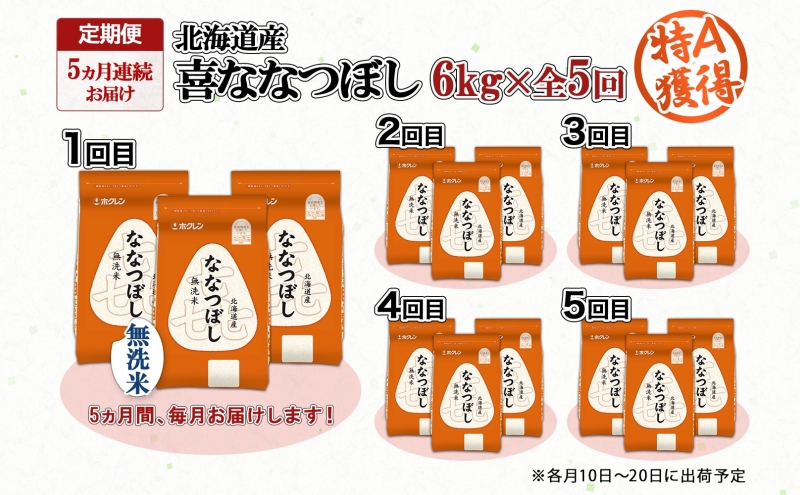 定期便 5ヵ月連続5回 北海道産 喜ななつぼし 無洗米 6kg 米 特A 白米 ななつぼし ごはん ブランド米 6キロ 2kg ×3袋 お米 ご飯 北海道米 国産 グルメ 備蓄 ギフト ホクレン 送料無料 北海道 倶知安町 