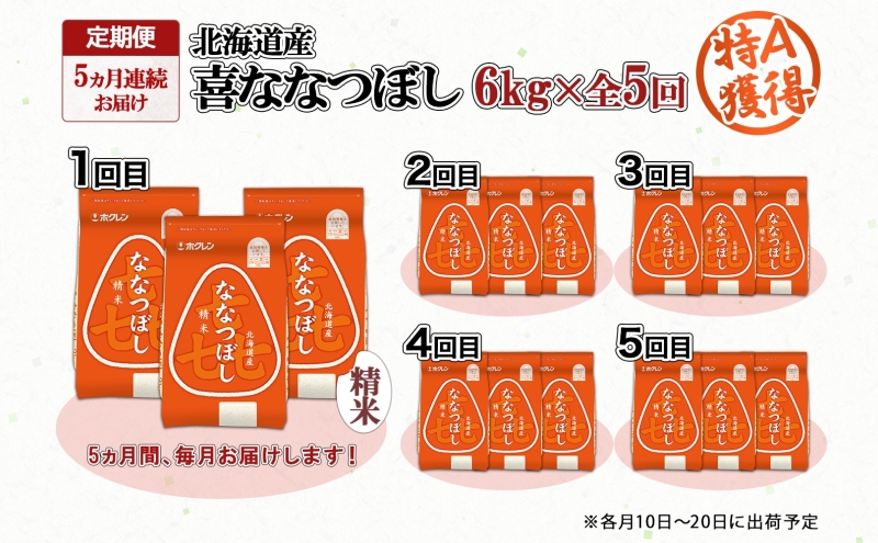 定期便 5ヵ月連続5回 北海道産 喜ななつぼし 精米 6kg 米 特A 白米 ななつぼし ごはん ブランド米 6キロ 2kg ×3袋 お米 ご飯 北海道米 国産 グルメ 備蓄 ギフト ホクレン 送料無料 北海道 倶知安町 