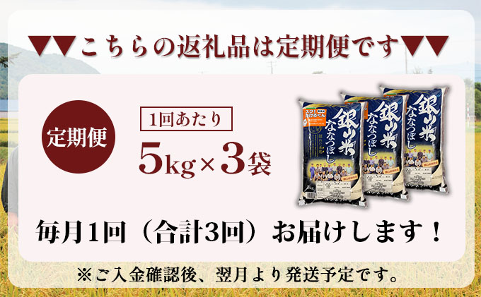 3ヵ月連続お届け　銀山米研究会の無洗米＜ななつぼし＞15kg