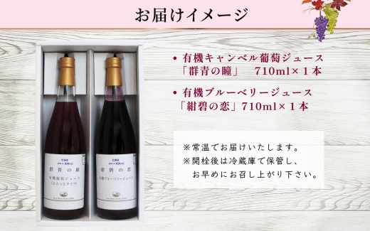 オーガニック 有機 キャンベル ブルーベリー ジュース 飲み比べ 710ml 2本 群青の瞳 ぶどう 紺碧の恋 果汁 100％ お取り寄せ ギフト セット 北海道 仁木町