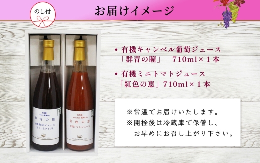 【先行受付】オーガニック 有機 キャンベル ブドウ ミニトマト アイコ ジュース 飲み比べ 710ml 2本 群青の瞳 ぶどう 紅色の恵 果汁 100％ お取り寄せ 無地熨斗 のし 北海道 仁木町