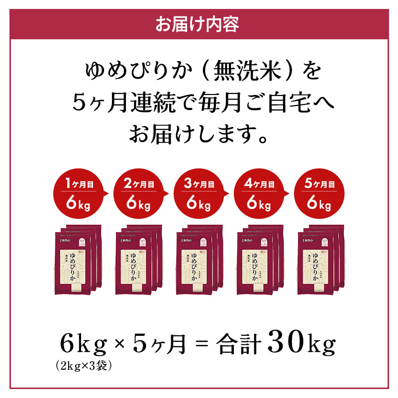 【5ヶ月定期配送】ホクレンゆめぴりか（無洗米2kg×3）※チャック付袋