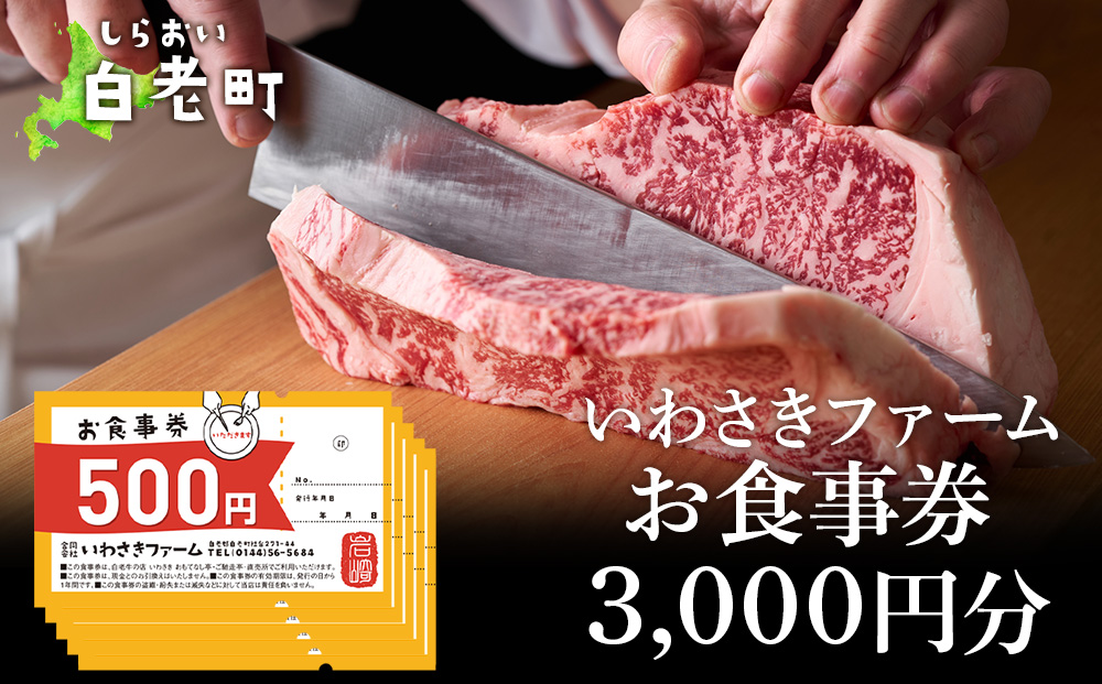 いわさきファーム お食事券 3,000円分 レストラン ギフト 牛肉 白老牛 北海道 白老町 チケット AB018