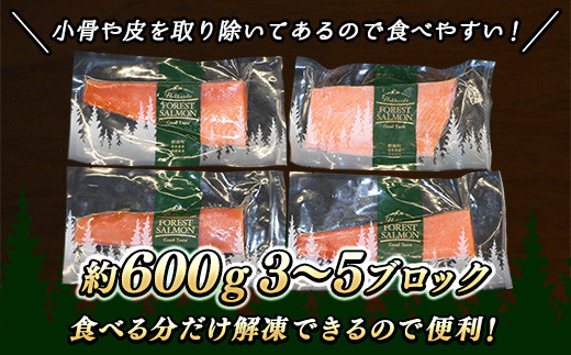 【定期便 3ヶ月連続】フォレストサーモン 約600g （3〜5ブロック） 天然 鮭 100%使用 無添加 フィレ 切り身 冷凍 刺身 お刺身 刺し身 国産 無添加 魚 鮭 サケ シャケ しゃけ 時鮭 トキシラズ ときしらず 時知らず 贈答 高級 人気 美味しい 北海道 海鮮 魚介類 サーモン 生食用 釧路町 釧之助本店