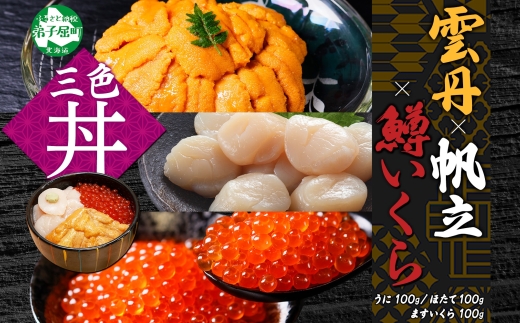 2939. うに チリ産 冷凍 100g 鱒いくら醤油漬け 100g ホタテ 100g セット ウニ 雲丹 いくら イクラ ますいくら ほたて 帆立 海鮮 海鮮丼 三色丼 送料無料 北海道 弟子屈町