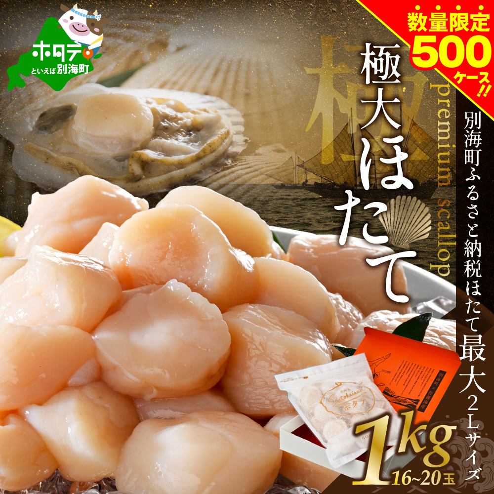 北海道 プレミアム 極大 ホタテ 1kg（16-20玉）（極 大粒 冷凍 刺身 用 貝柱 天然 ほたて 帆立 ふるさと納税 お届け）