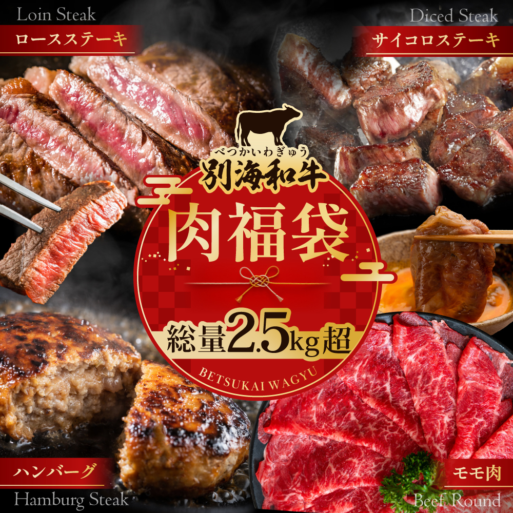 北海道 別海町 別海和牛 肉 福袋 総量 2.5kg超（モモ肉600g ハンバーグ980g（140g×7個） サイコロステーキ500g ロースステーキ500g）【FF0000028】