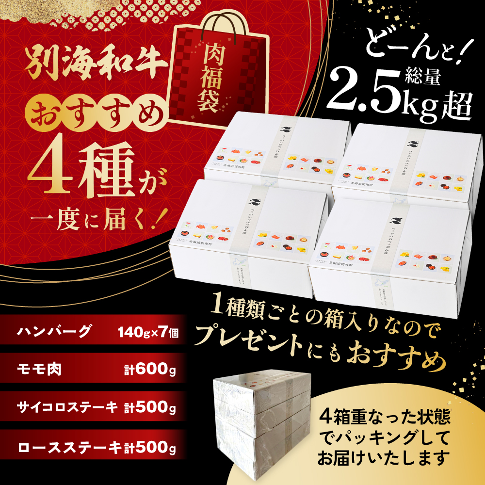 北海道 別海町 別海和牛 肉 福袋 総量 2.5kg超（モモ肉600g ハンバーグ980g（140g×7個） サイコロステーキ500g ロースステーキ500g）【FF0000028】