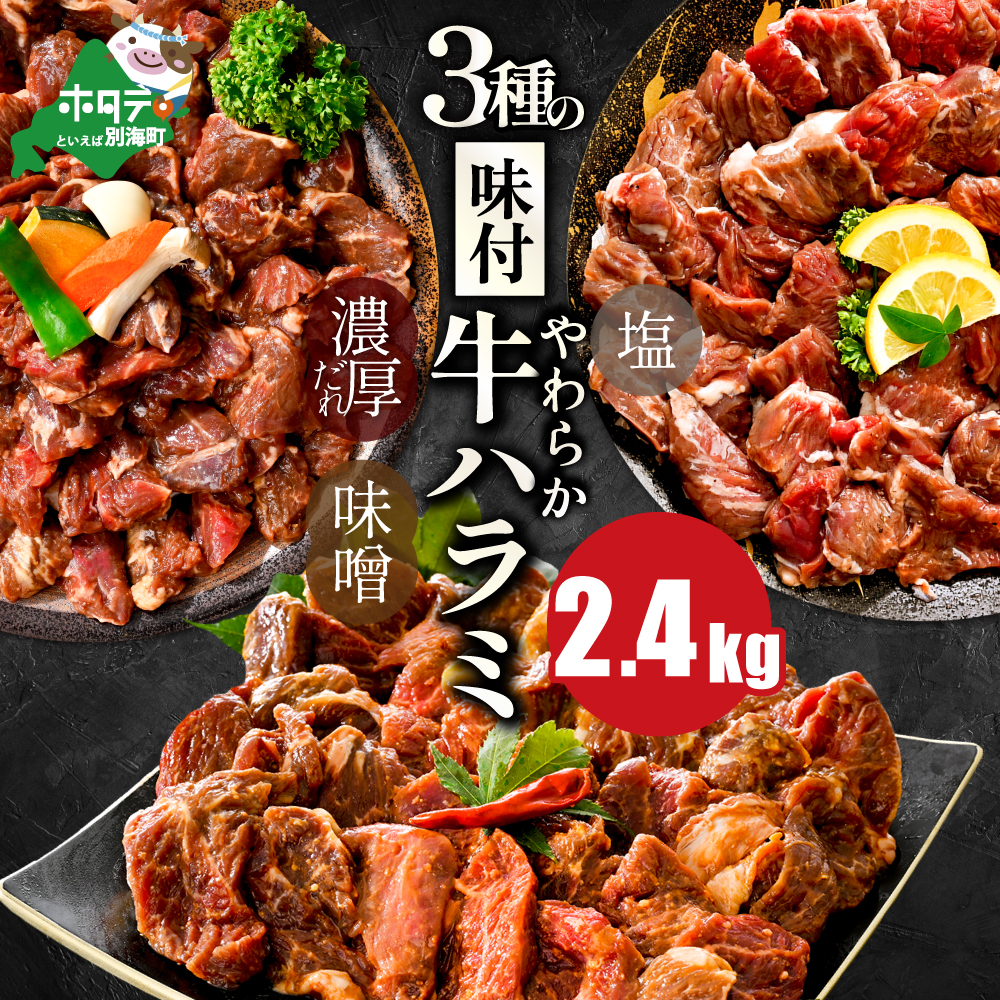 味付け ハラミ 食べ比べ 3種 2.4kg（塩400g×1パック・味噌400g×1パック・醤油400g×1パック）【NS0000032】