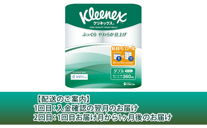 【2ヶ月連続定期便】トイレットペーパー クリネックスコンパクト：ダブル 1ケース（8パック入り）香りなし