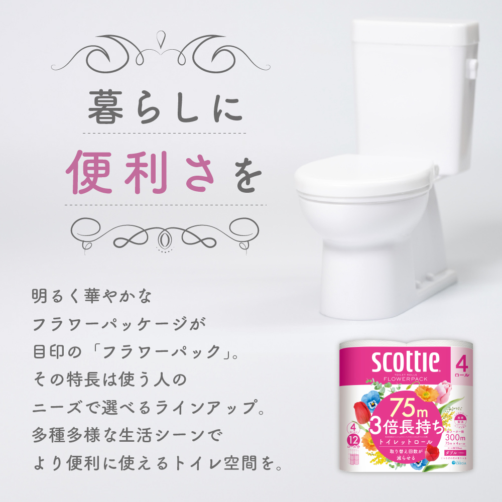 トイレットペーパー 定期便 2ヶ月 トイレット ペーパー ダブル 3倍 長持ち 4ロール入×12パック スコッティ フラワーパック 香り付き トイペ セット 節約 日用品 日用雑貨 消耗品 備蓄 備蓄品 備蓄用 防災 災害 3倍巻き 倍巻 宮城 定期 2回