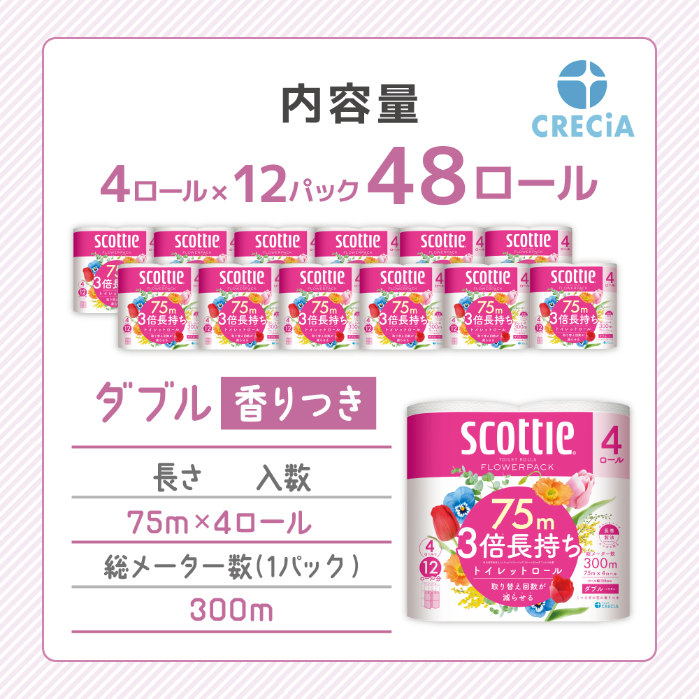 トイレットペーパー ダブル 3倍 長持ち 4ロール入×12パック スコッティ フラワーパック 香り付き トイレット ペーパー トイペ セット 節約 日用品 日用雑貨 消耗品 備蓄 備蓄品 備蓄用 防災 防災グッズ 3倍巻き 倍巻 宮城 宮城県 岩沼市