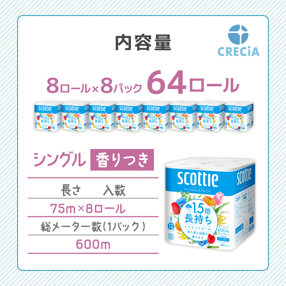 トイレットペーパー シングル 1.5 倍巻き 8ロール入×8パック スコッティ フラワーパック 香り付き トイレット ペーパー トイペ セット 節約 日用品 日用雑貨 消耗品 備蓄 備蓄品 備蓄用 防災 防災グッズ 災害 倍巻 宮城 宮城県 岩沼市