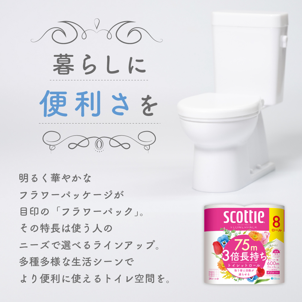 トイレットペーパー ダブル 3倍 長持ち 8ロール入×6パック スコッティ フラワーパック 香り付き トイレット ペーパー トイペ セット 節約 日用品 日用雑貨 消耗品 備蓄 備蓄品 備蓄用 防災 防災グッズ 3倍巻き 倍巻 トイレ 宮城 宮城県