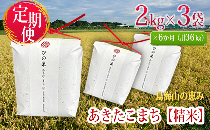 新米 米 お米 《定期便》6kg×6ヶ月 秋田県産 あきたこまち 精米 2kg×3袋 神宿る里の米「ひの米」（お米 小分け）