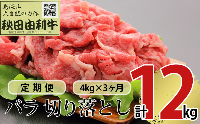 《定期便》3ヶ月連続 秋田由利牛 バラ切り落とし 4kg（1kg×4パック）