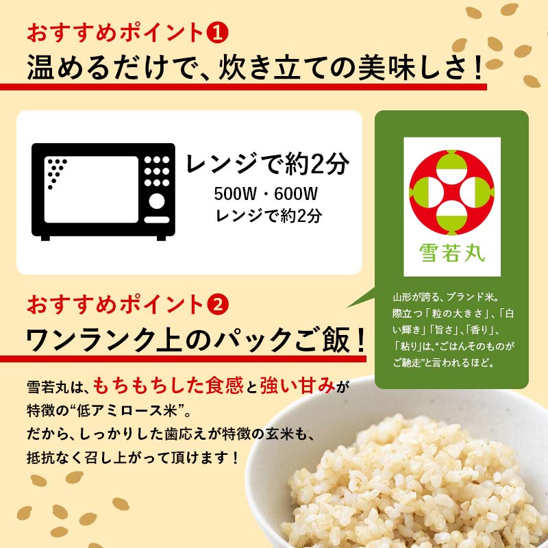 FYN9-980 【定期便6回】山形県産 雪若丸 玄米ごはん パックご飯 12個セット×6回 玄米 パックライス パック ごはん ライス こめ 米 ゆきわかまる ブランド米 簡単 手軽 時短 保存食 備蓄 山形県 西川町 月山