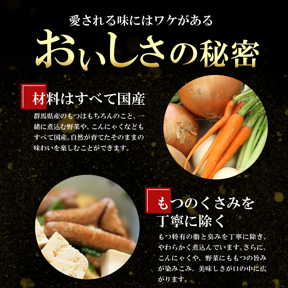 【3ヶ月ごと定期便】国産もつ煮 ４食セット (全4回) 定期便 煮物 群馬県 千代田町 豚肉 煮込み もつ煮込み 晩酌 国産 冷蔵 真空パック ＜ヌーベルオリジン＞