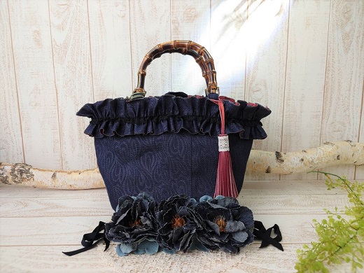 畳へり デニムのお花バッグ / 伝統 織物 カバン