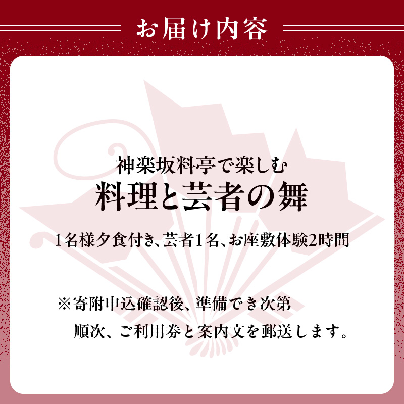 神楽坂料亭で楽しむ料理と芸者の舞（1名様夕食付き、芸者1名、お座敷体験2時間）