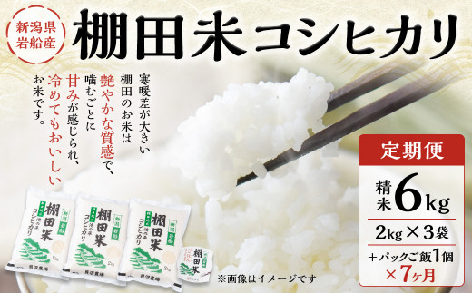 【定期便：7ヶ月連続でお届け】【令和6年産米】新潟県岩船産 棚田米コシヒカリ 6kg（2kg×3袋）+パックごはん(150ｇ×1個)×7ヶ月 1067008