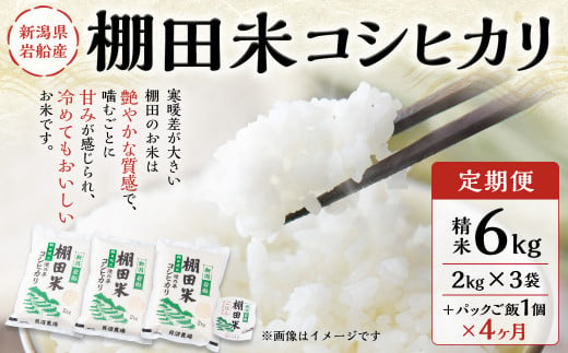 【定期便：4ヶ月連続でお届け】【令和6年産米】新潟県岩船産 棚田米コシヒカリ  6kg（2kg×3袋）+パックごはん(150g×1個)×4ヶ月 1067006