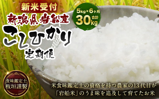 【新米受付・令和6年産米】【6ヶ月定期便】 食味鑑定士板垣謹製 新潟県岩船産 コシヒカリ 白米 5kg×6ケ月 1039003N