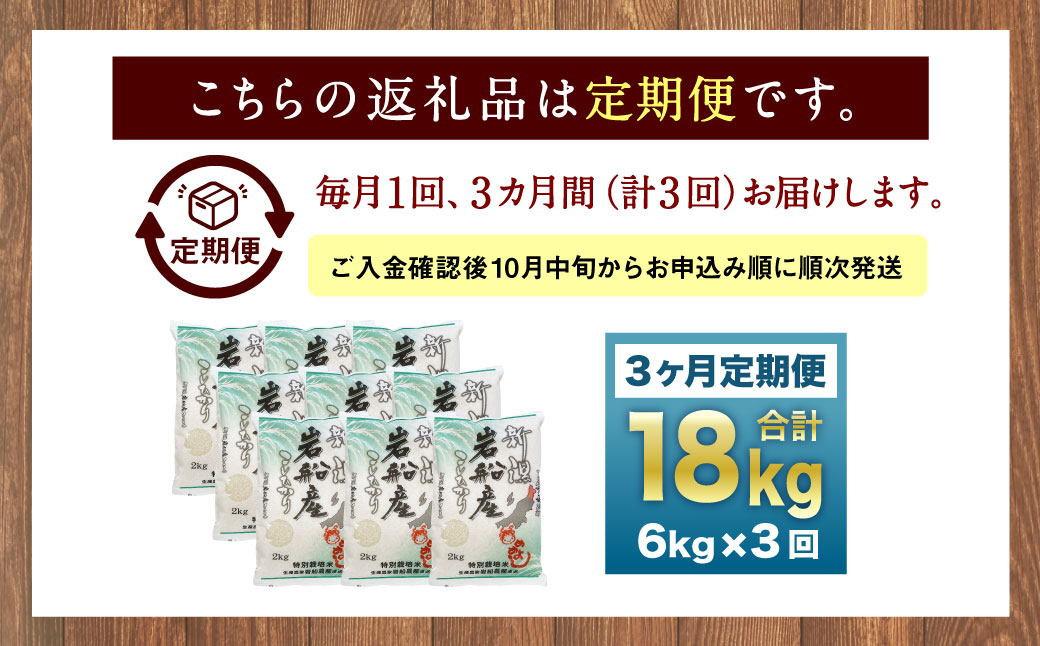 【新米受付・令和6年産米】NC4042 特別栽培米 新潟県岩船米 コシヒカリ セット 18kg （6kg×3ヶ月）コース