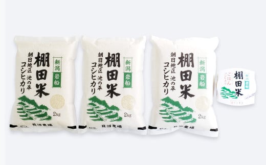 【定期便：2ヶ月連続でお届け】【令和6年産米】新潟県岩船産 棚田米 コシヒカリ 6kg（2kg×3袋）+パックごはん(150g×1個)×2ヶ月 B4122