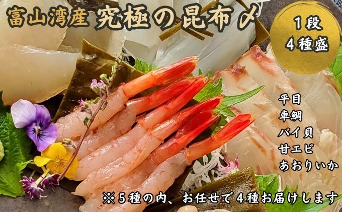 究極の昆布〆、お任せ1段4種盛（急速冷凍品）魚卸問屋はりたや 富山県