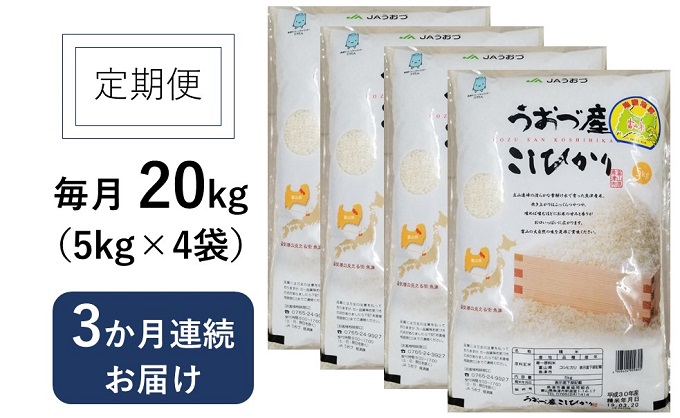 20kg（5kg×4袋）×3ヶ月定期便 富山県うおづ産米コシヒカリ 白米 富山米