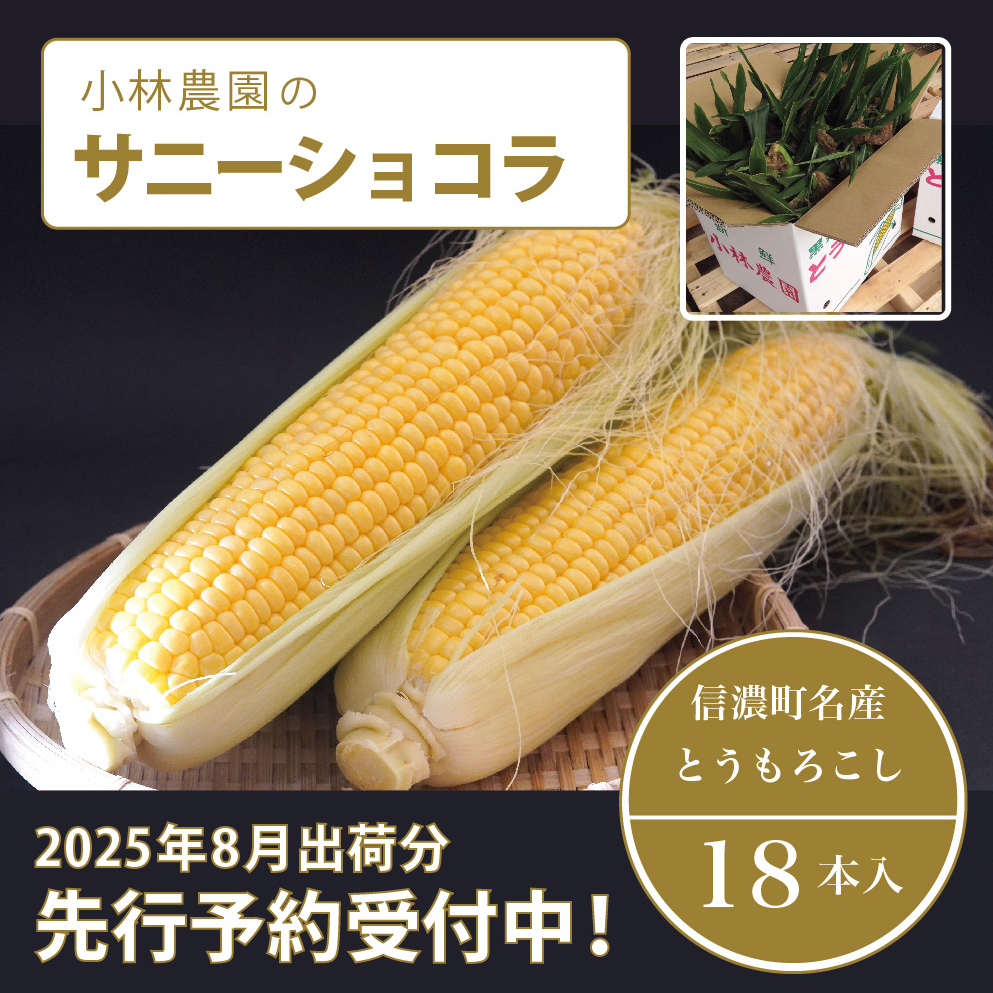  小林農園の信濃町産スイートコーン「サニーショコラ（18本セット）」令和7年8月上旬～出荷予定【2025年夏のご予約受付開始！】生産者直送とうもろこし【長野県信濃町ふるさと納税】　