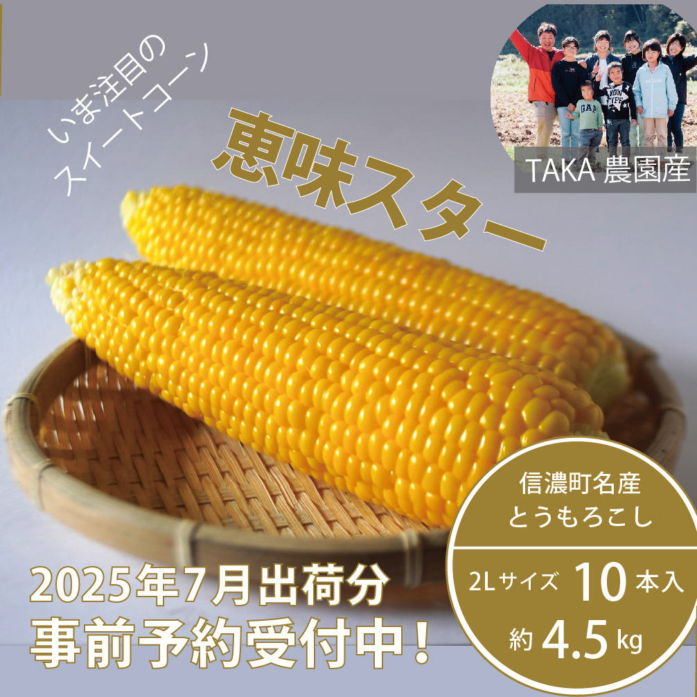 信濃町名産とうもろこし『TAKA農園の恵味（めぐみ）スター』2Lサイズ（1本450ｇ相当）×10本セット【2025年夏のご予約受付開始！】スイートコーンの人気品種を早期予約限定で受付中！ 令和7年7月15～25日の限定出荷予定 2025年夏出荷分 先行予約【長野県信濃町ふるさと納税】