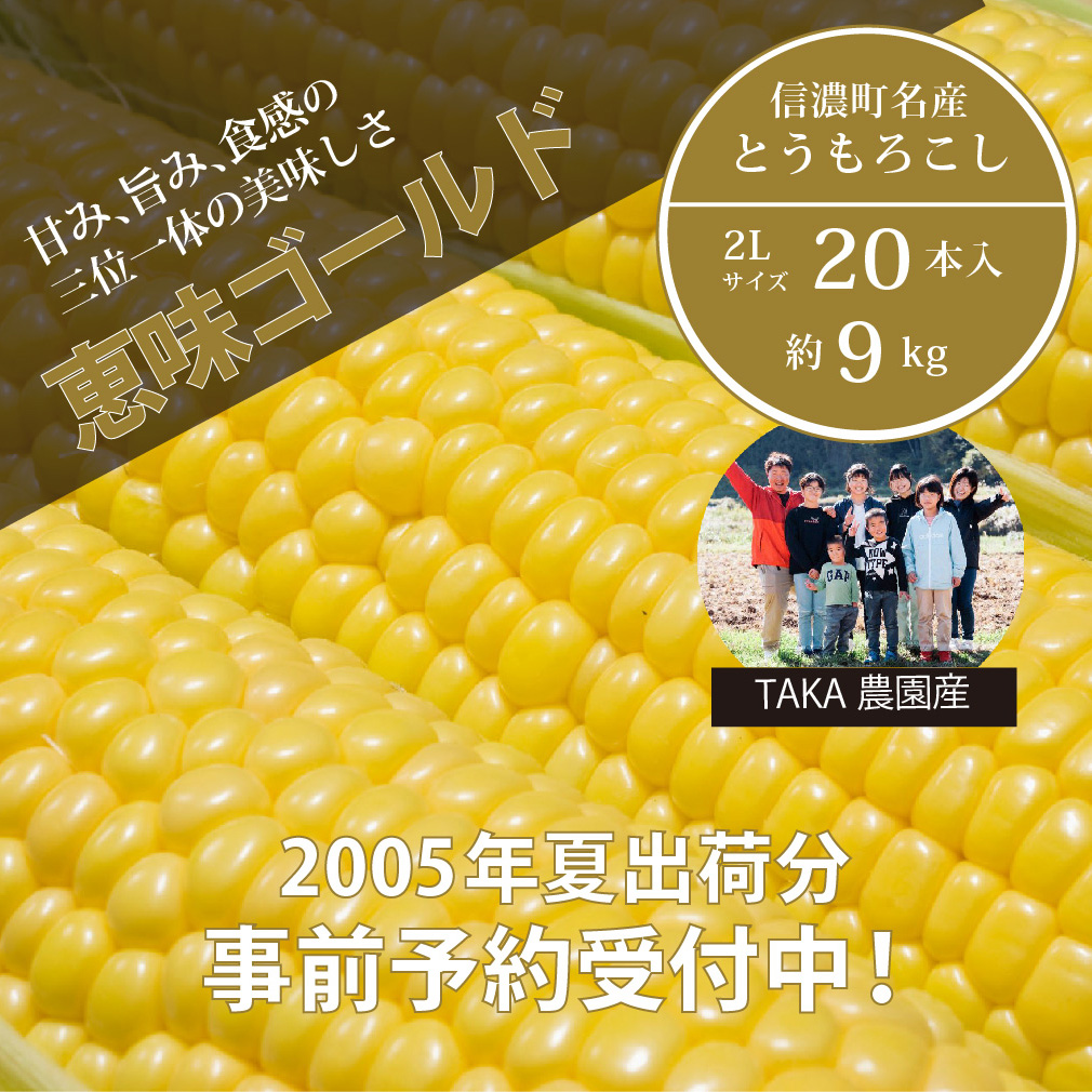 TAKA農園『恵味（めぐみ）ゴールド』2Lサイズ（1本450ｇ相当）×20本セット、約9kg【2025年夏出荷分 先行予約受付開始！】信濃町名産とうもろこし／スイートコーンの人気品種、予約受付中！ 令和7年7月下旬～8月下旬に随時出荷予定【長野県信濃町ふるさと納税】