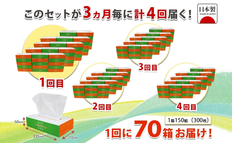 定期便 3ヶ月毎 全4回 ボックス ティッシュ 70箱 150組 300枚 ティッシュペーパー 紙 ペーパー BOX 日用品 備蓄 吸水 消耗品 生活用品 おすすめ 肌触り 防災 ストック 備蓄 生活応援 宮嶋商店 送料無料 岐阜県