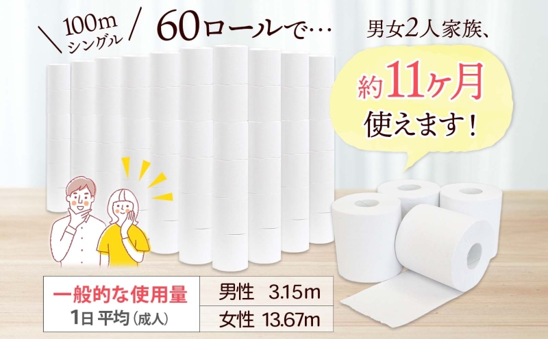 無包装 トイレットペーパー シングル ハードタイプ 100m 60ロール 長巻き 紙ペーパー エコ 日用品 消耗品 生活必需品 衛生用品 トイレ用品 114mm幅 非常用 備蓄 ストック まとめ買い 防災 国産 日本製 送料無料 川一製紙 岐阜県 美濃市