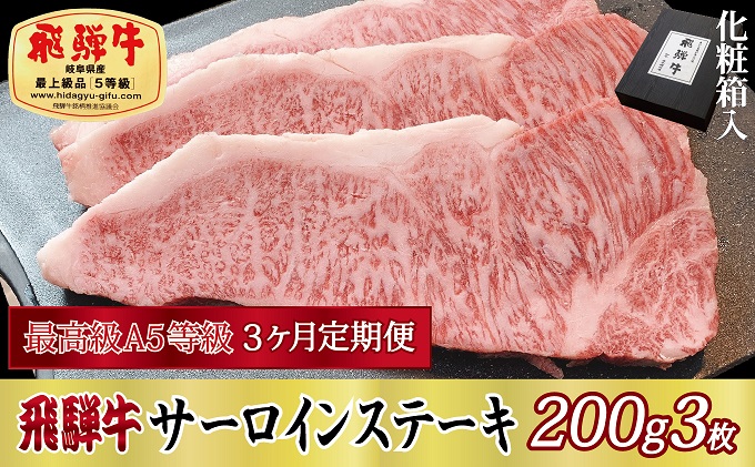 3ヶ月定期便 化粧箱入 最高級A5等級 飛騨牛 サーロインステーキ 200g×3